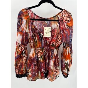 Boston Proper Boho Blouse Brown Multi Color Size XS